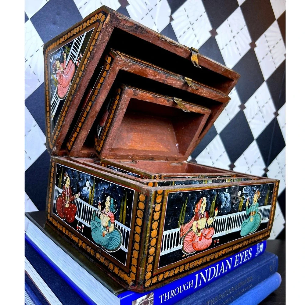 Vintage Indian Hand Painted Nesting Wooden Box Set of 3 Folk Art Storage Chests